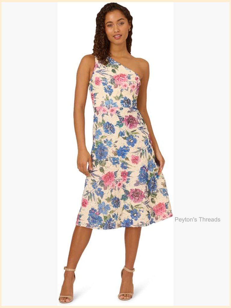 One-Shoulder A-Line Midi Dress With Floral Soutache
